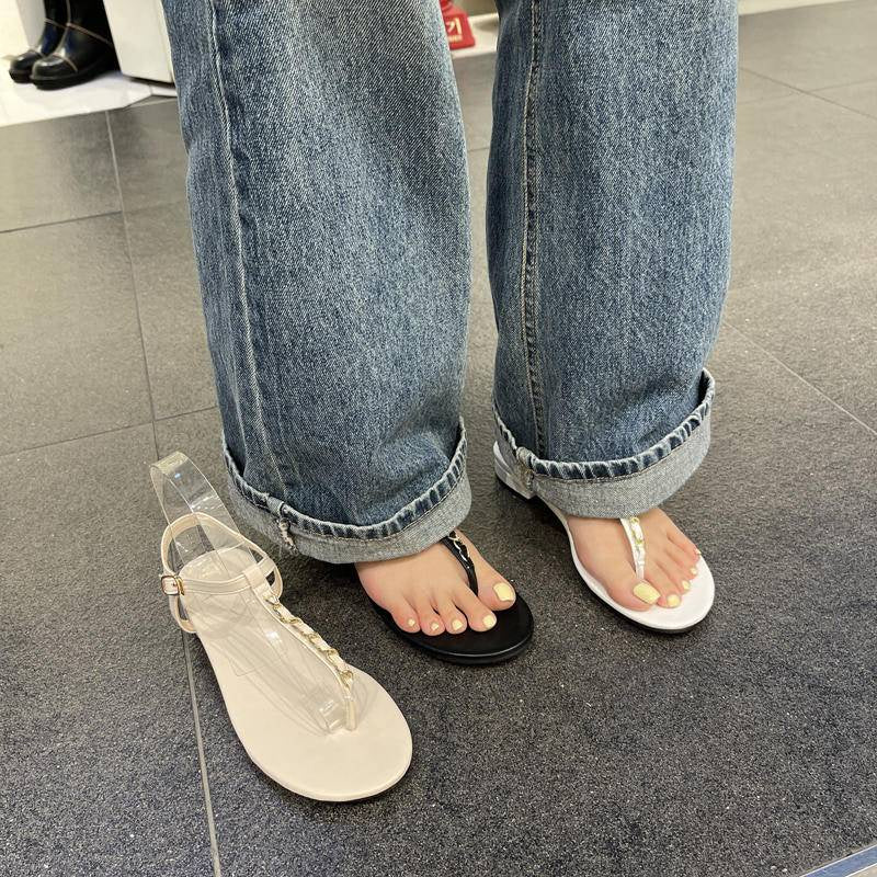 23SS714-預購-2cm-韓國 圓頭 夾腳 T字帶 練條 低跟 平底 涼鞋