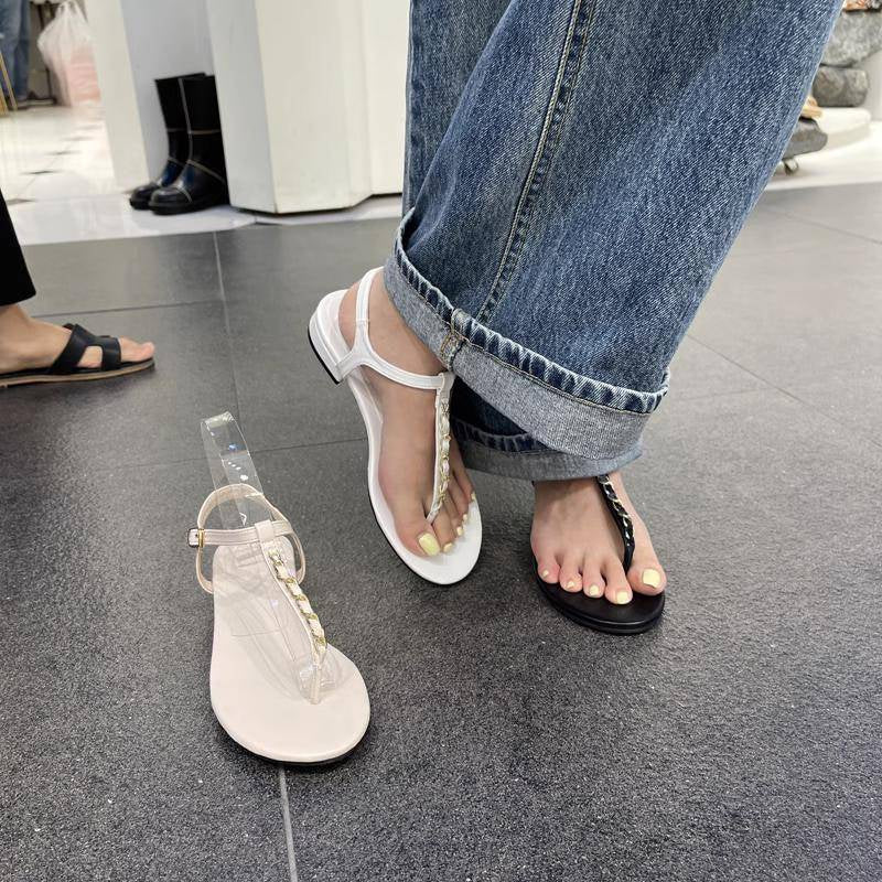 23SS714-預購-2cm-韓國 圓頭 夾腳 T字帶 練條 低跟 平底 涼鞋
