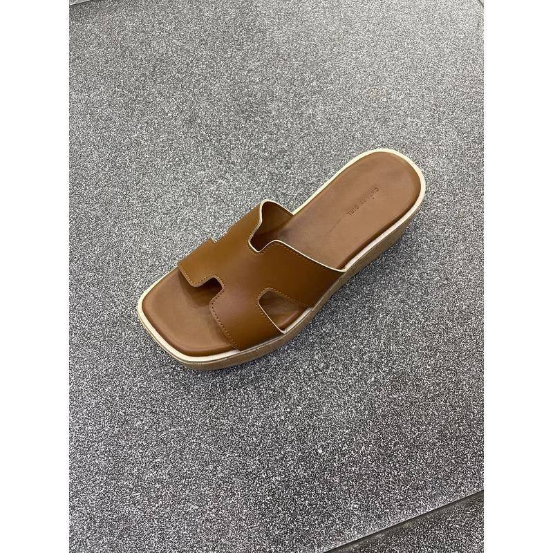 23SS3-預購-5.5cm-實拍影片 韓國代購 經典 法系 厚底 H字 坡跟 涼拖鞋 楔型鞋
