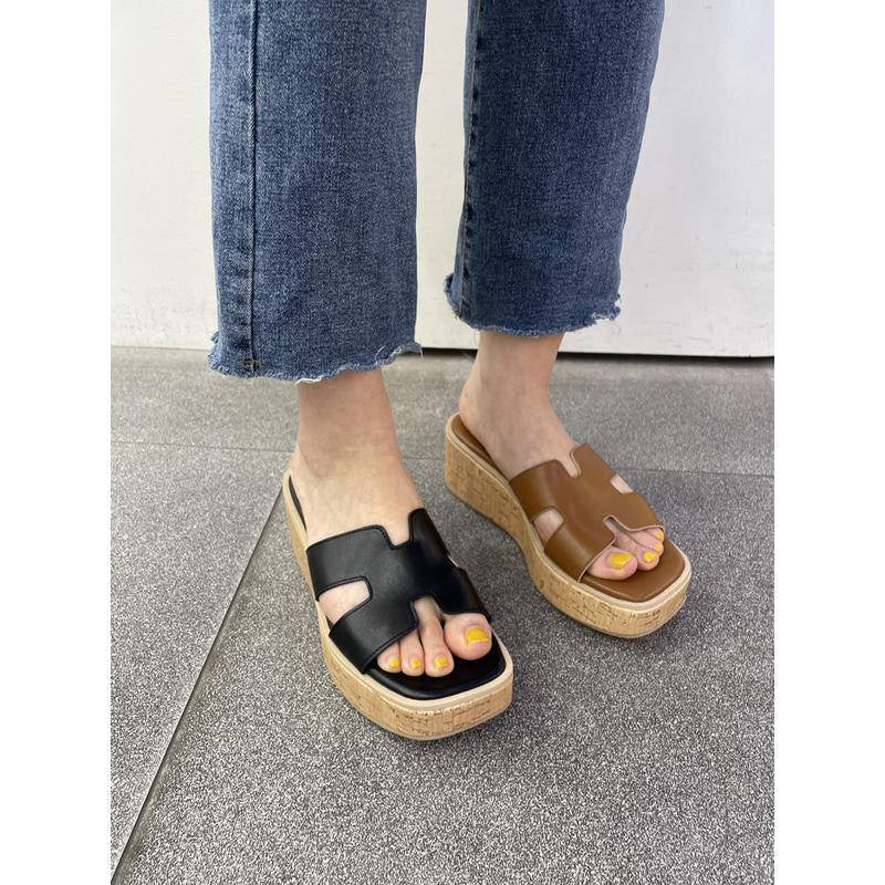 23SS3-預購-5.5cm-實拍影片 韓國代購 經典 法系 厚底 H字 坡跟 涼拖鞋 楔型鞋
