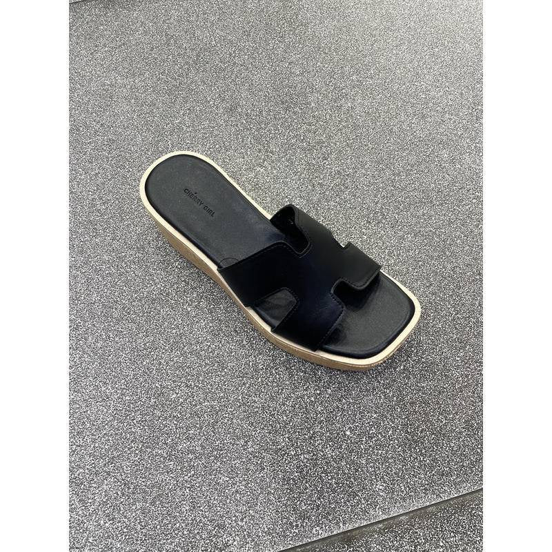 23SS3-預購-5.5cm-實拍影片 韓國代購 經典 法系 厚底 H字 坡跟 涼拖鞋 楔型鞋