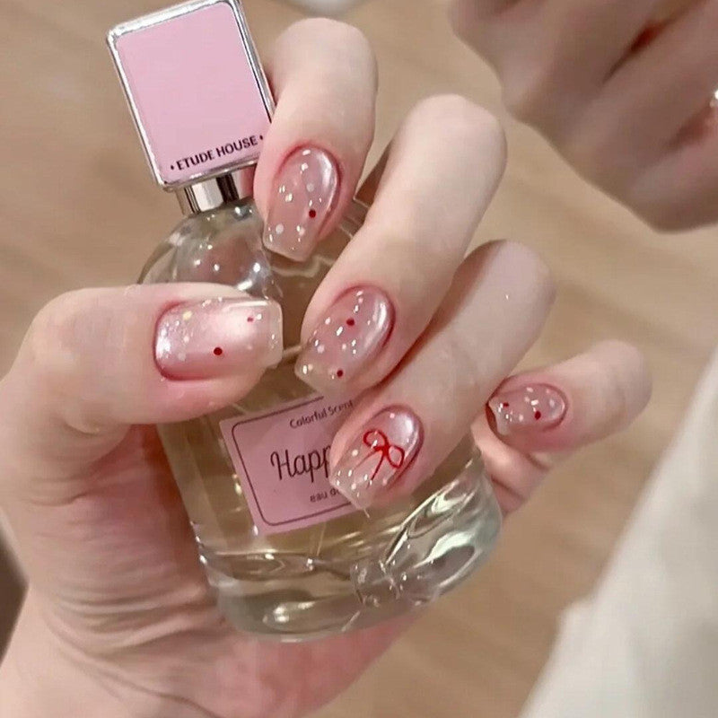 清透玻璃珠 粉蝴蝶波點穿戴甲💅清透玻璃珠感|貓眼設計|純手工可卸成品美甲