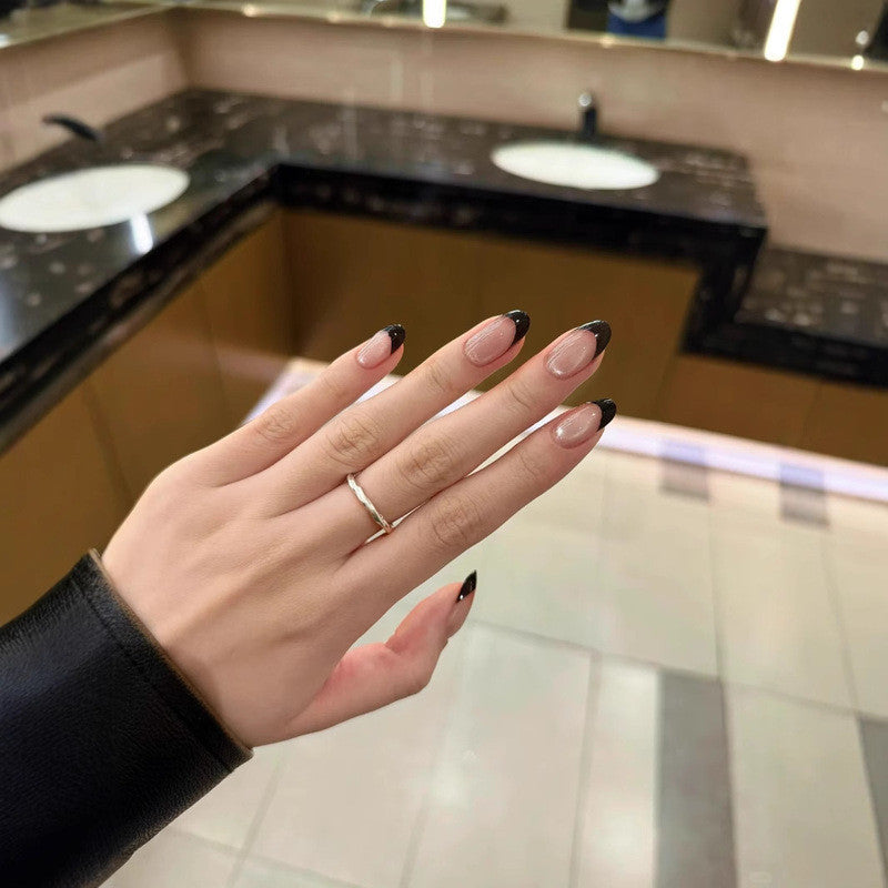 【短橢圓】純手工穿戴甲|黑色法式貓眼・高級氣質顯白款💅日常通勤假指甲貼片