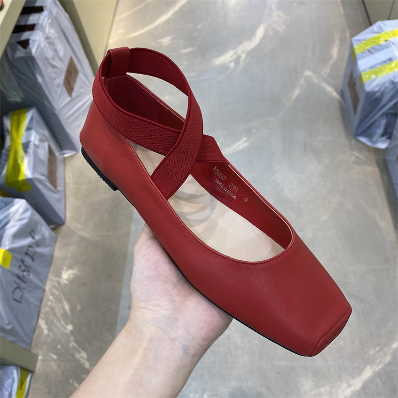 23SS713-預購-1.5cm-歐膩必備必入款!韓國 代購 方頭 交叉 鬆緊帶 平底 芭蕾舞鞋 瑪莉珍鞋