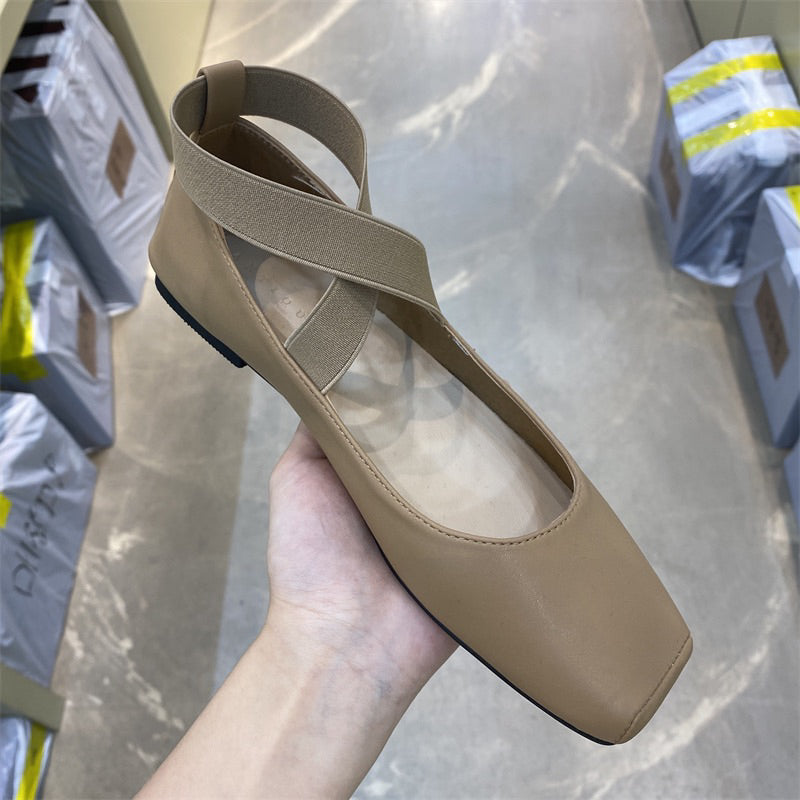 23SS713-預購-1.5cm-歐膩必備必入款!韓國 代購 方頭 交叉 鬆緊帶 平底 芭蕾舞鞋 瑪莉珍鞋