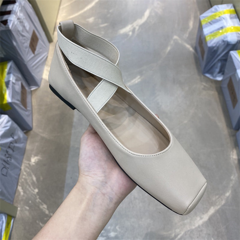 23SS713-預購-1.5cm-歐膩必備必入款!韓國 代購 方頭 交叉 鬆緊帶 平底 芭蕾舞鞋 瑪莉珍鞋