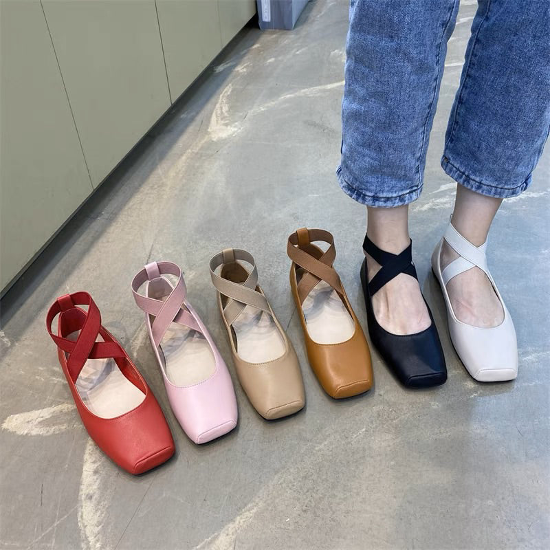 23SS713-預購-1.5cm-歐膩必備必入款!韓國 代購 方頭 交叉 鬆緊帶 平底 芭蕾舞鞋 瑪莉珍鞋