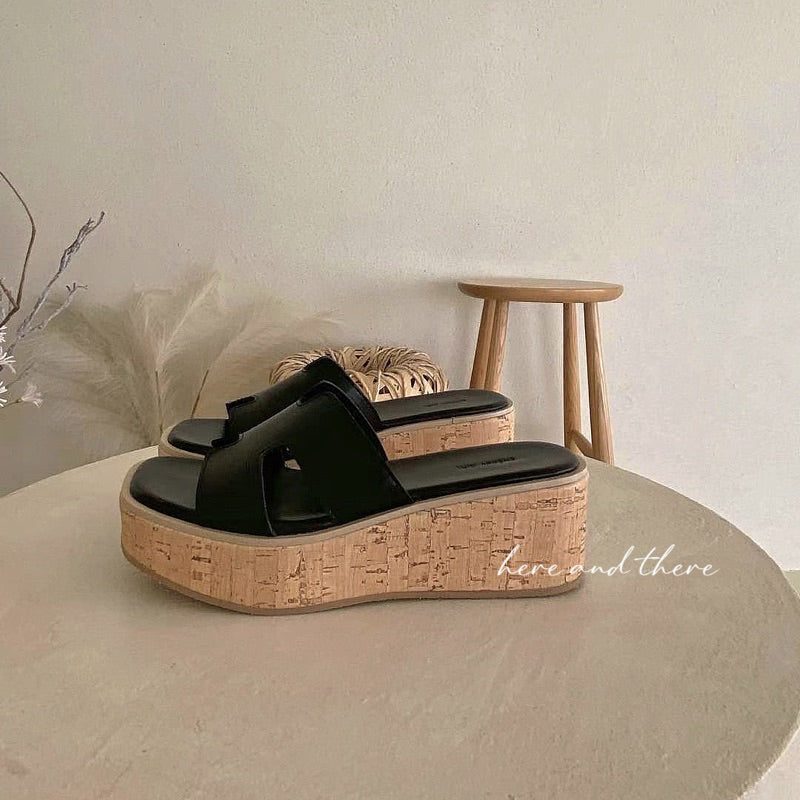 23SS3-預購-5.5cm-實拍影片 韓國代購 經典 法系 厚底 H字 坡跟 涼拖鞋 楔型鞋