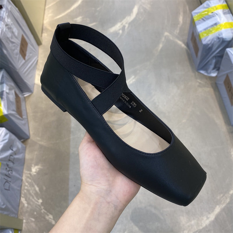 23SS713-預購-1.5cm-歐膩必備必入款!韓國 代購 方頭 交叉 鬆緊帶 平底 芭蕾舞鞋 瑪莉珍鞋