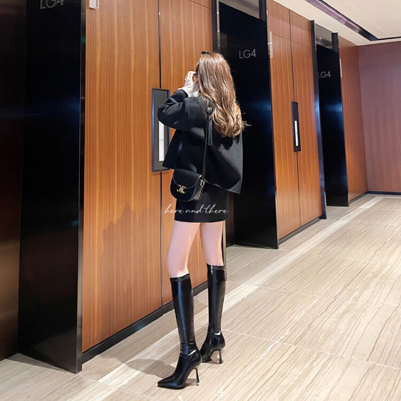 極細🔥丈夫で安定感のあるヒール💡h&t.ハンドメイドシューズ🇫🇷ポインテッドトゥプレーンスティレットハイヒールブーツ、膝下丈のストレッチブーツ、スモールブーツ23FW942