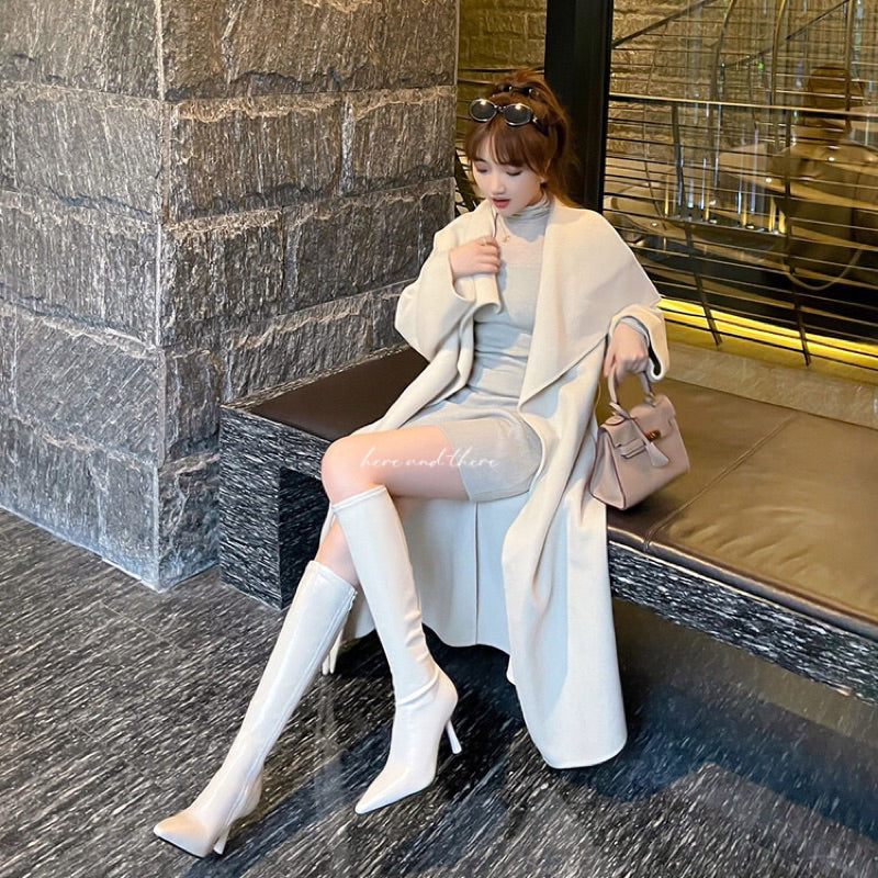 極細🔥丈夫で安定感のあるヒール💡h&t.ハンドメイドシューズ🇫🇷ポインテッドトゥプレーンスティレットハイヒールブーツ、膝下丈のストレッチブーツ、スモールブーツ23FW942