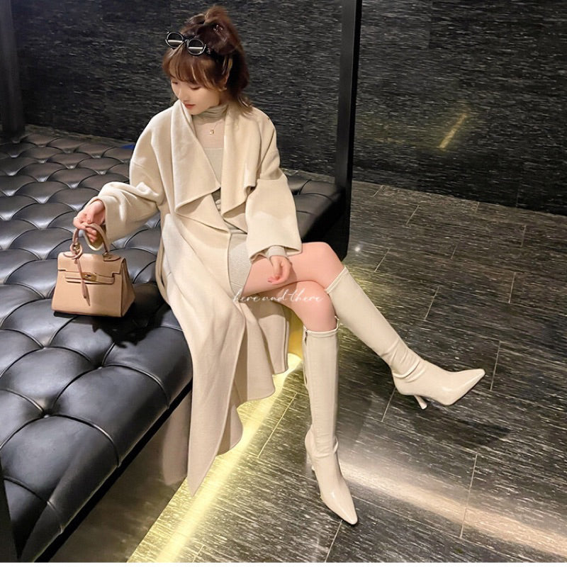 極細🔥丈夫で安定感のあるヒール💡h&t.ハンドメイドシューズ🇫🇷ポインテッドトゥプレーンスティレットハイヒールブーツ、膝下丈のストレッチブーツ、スモールブーツ23FW942