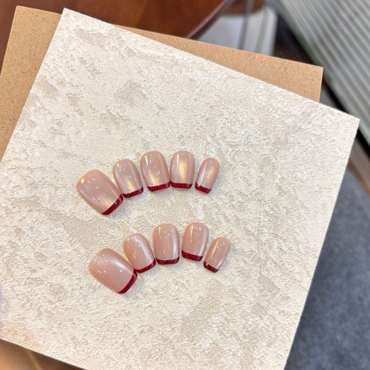 火琉璃質感✨紅色貓眼法式穿戴甲｜純手工成品💅可卸假指甲片