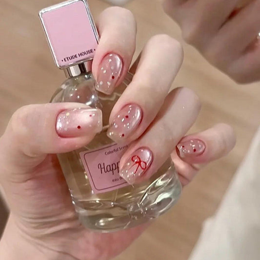 清透玻璃珠 粉蝴蝶波點穿戴甲💅清透玻璃珠感｜貓眼設計｜純手工可卸成品美甲