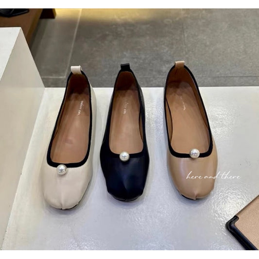 23FW811-預購-1cm-軟皮舒服 韓國代購 簡約 珍珠 撞色 平底 娃娃鞋